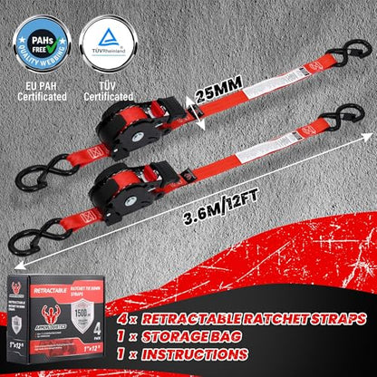 Retractable Ratchet Straps 4 Pack, 1 in x 12 FT Auto Ratchet Straps for Motorcycle, Kayak and Trucks, Breaking Strength 1,500LBS/500LBS Working Load Limit Red - color: Red