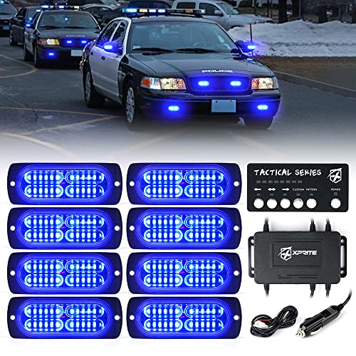 Xprite 24 LED Blue Surface Mount Strobe Police Lights Kit, Emergency Safety Warning Flashing Grille Safety Cop Marker Light Assembly for Volunteer Vehicles Trucks ATV UTV Motorcycle 8PCS - color: Blue, size: 8 PCS