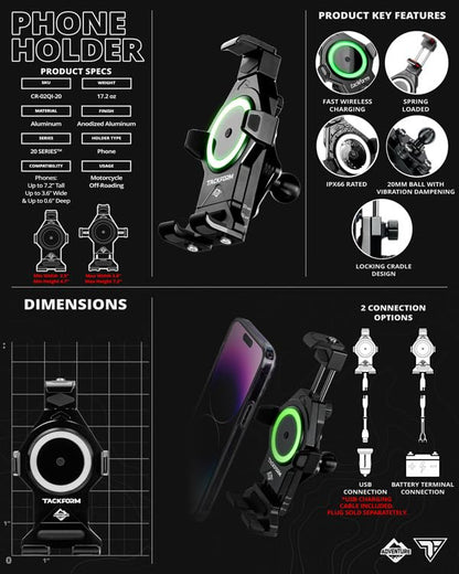 Tackform Aluminum Motorcycle M10 Handlebar Bolt Adventure Phone Mount - Vibration Dampening and Wireless Charging | Short Reach | Compatible with BMW K1600 GT/GTL, R1200 RT, R1250 RT (Year Specific)