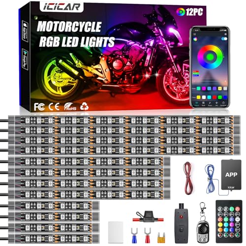 Motorcycle LED Underglow Kit, icicar 12 Pcs APP/RF Control Multicolor Motorcycle LED Light Kit with Brake Turn Signal, IP68 Waterproof & Music Sync Ambient Light for Motorcycles - color: 12Pcs