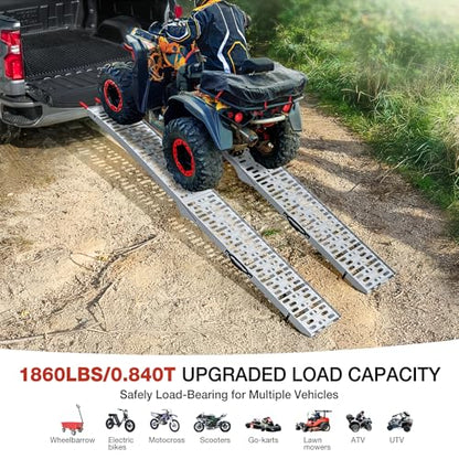 90" Aluminum Folding Loading Ramps, 1860 lbs Capacity Heavy Duty Truck Ramps, Pair of Non-Slip ATV/UTV Ramps with Handles & Safety Straps for Pickup Trucks, Trailers, Lawn Mowers