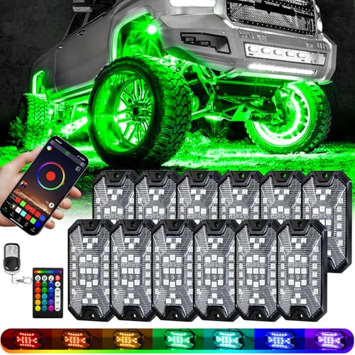 12Pods 5 Sides Full Angle RGB LED Rock Lights Kits High Brightness 27 Beads RGB 5050 IP68 Waterproof Underglow Multicolor Exterior Wheel Rock Lights for 12V Trucks Jeep Offroad Pickup UTV ATV RZR SUV - size: 12 Pods 5 Sides