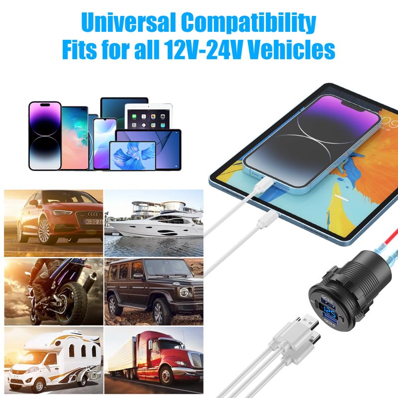 12V USB C Outlet Marine USB Charging Port for Car, Dual Quick Charge 3.0 & PD 3.0 Car Charger Socket with Button Switch and Voltmeter, Cigarette Lighter Replacement DIY Kit for 12V/24V Vehicles - color: 1 pack