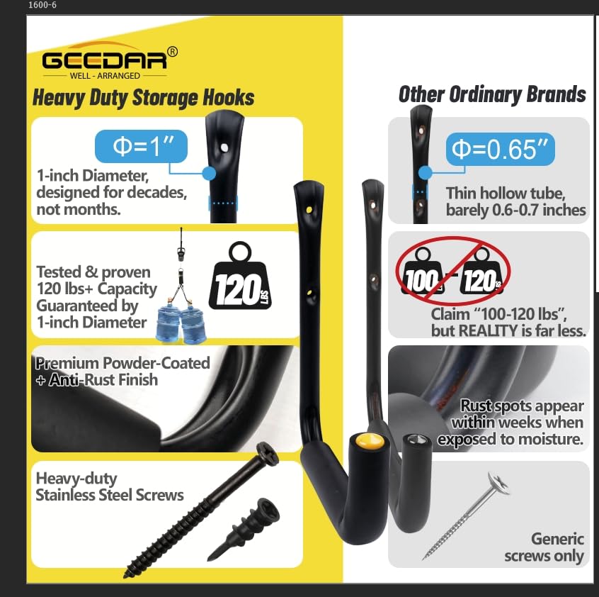 GEEDAR Heavy Duty Garage Storage Hooks -120 LB Capacity, 4packs, 15" Wall Mounted Rack for Hanging Kayak, Paddle Board, Ladders, Bikes Enforced Kayak Storage Hanger - size: Large (15", 4 packs）