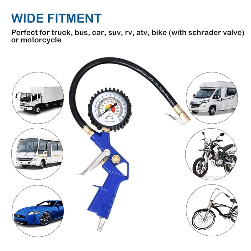 Tire Inflator with Pressure Gauge 16 Bar, 220 PSI Air Chuck with Hose and Quick Connect Plug for RV Car Motorcycle Bike