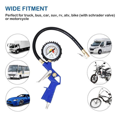 Tire Inflator with Pressure Gauge 16 Bar, 220 PSI Air Chuck with Hose and Quick Connect Plug for RV Car Motorcycle Bike