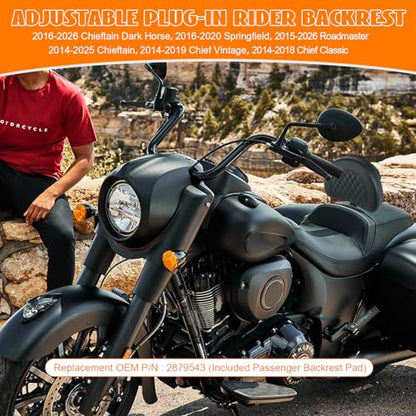 Plug-In Driver Rider Backrest for Indian Adjustable Motorcycle Front Back Rest Pad Mounting Kit Fit Chief Chieftain Roadmaster Springfield 2014-2025 (Not for Indian Chieftain PowerPlus) - color: Black-Diamond