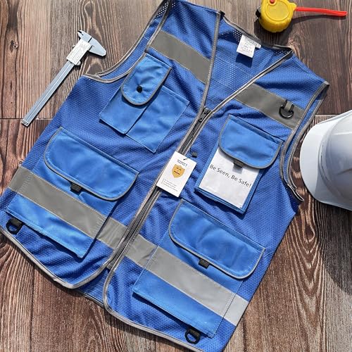 TCCFCCT Mesh Reflective Vest 9 Pockets High Visibility Safety Vest for Men Women, Hi Vis Construction Vest with Reflective Strips, Meets ANSI/ISEA Standards, (Blue, Small) - color: Blue, size: Small