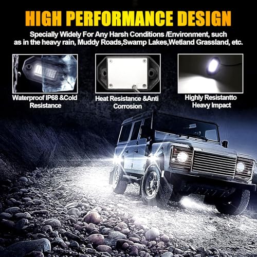 12 Pods White Rock Lights，Aluminum Housing, Waterproof IP68,6500K Pure White Super Bright Underglow, Rock Lights for Trucks, UTV, ATV, SUV, Boats,Each Rock Light Comes with a 15-Foot Extension Cord - size: 12 Pods