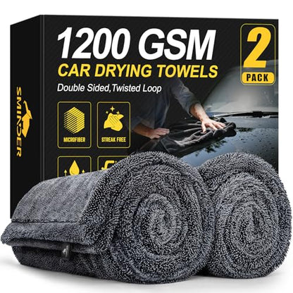 SMINDER 2-Pack 1200 GSM Car Drying Towels – Microfiber Towels for Cars (36" x 24"), Ultra-Absorbent, Streak-Free, Scratch-Free, No Water Spots, Double-Twist Pile & Edgeless Design - color: Gray