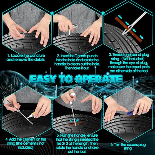 Saillong Tire Plug Tool Heavy Duty Plug Kit Stainless Steel T Handle Set Spiral Probe and Split Eye Needle Tire Repair Set for Automobiles Motorcycles Bicycles Car Truck