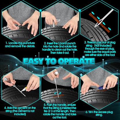 Saillong Tire Plug Tool Heavy Duty Plug Kit Stainless Steel T Handle Set Spiral Probe and Split Eye Needle Tire Repair Set for Automobiles Motorcycles Bicycles Car Truck
