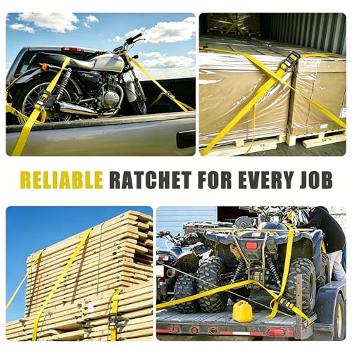 AWELCRAFT Ratchet Straps(4 Pack),3300lb Breaking Strength,1.5in×10ft Heavy Duty Tie Down Ratcheting with Padded Handles,Double J Hooks & 4 Soft Loops for Trailer,Trucks,Motorcycle(Yellow) - color: Yellow