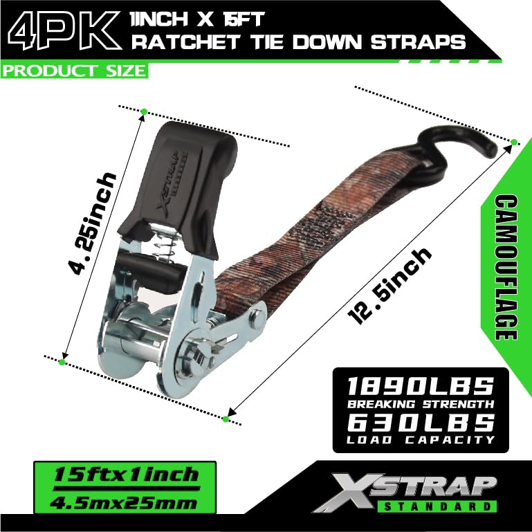 XSTRAP STANDARD 4 Pack 1" x 15' Ratchet Tie Down Straps - 630 Lbs Load Cap, 1890 Lbs Break Strength, Heavy Duty Cargo Straps for Moving, Truck & Motorcycle, Camouflage - style: 4pk 1inchx15ft 1890lbs camouflage