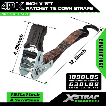 XSTRAP STANDARD 4 Pack 1" x 15' Ratchet Tie Down Straps - 630 Lbs Load Cap, 1890 Lbs Break Strength, Heavy Duty Cargo Straps for Moving, Truck & Motorcycle, Camouflage - style: 4pk 1inchx15ft 1890lbs camouflage