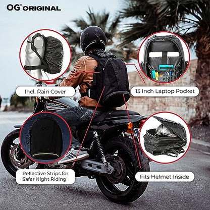 OG Original EZ-Rider PRO Motorcycle Backpack Black Expandable 28-35L, Motorbike Helmet Bag, Helmet Strap, Waterproof Motorcycle Backpacks for Men with Laptop Pocket, Reflective (Black Logo) - style: Ez-rider (Black Logo)