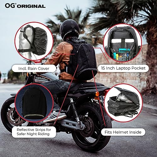 OG Original EZ-Rider PRO Motorcycle Backpack Black Expandable 28-35L, Motorbike Helmet Bag, Helmet Strap, Waterproof Motorcycle Backpacks for Men with Laptop Pocket, Reflective (Black Logo) - style: Ez-rider (Black Logo)