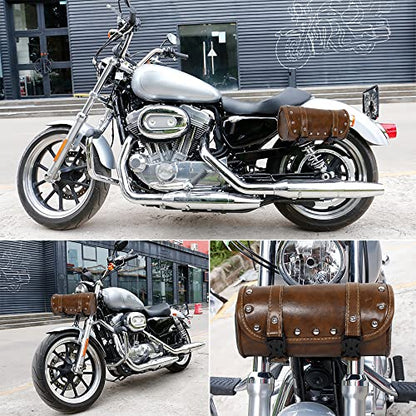 X AUTOHAUX Motorcycle Tool Bag Handlebar Bags Cycling Luggage Bag Waterproof PU Leather Round Brown 8.27" x4.13''