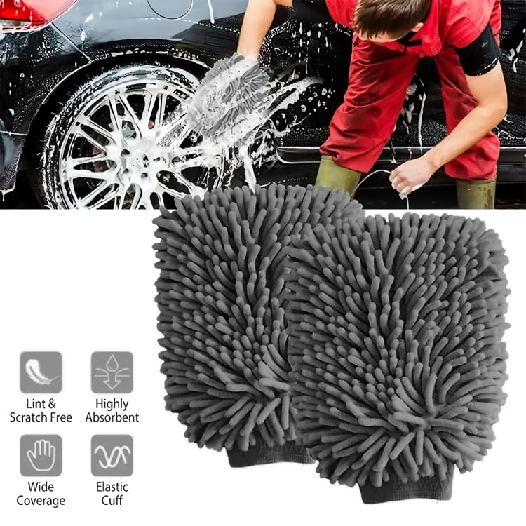 WASH&WHIPS Chenille Premium Scratch-Free Microfiber Lint-Free Wash Mitt - Regular Size, 8" x 10" in, Blue -2 Pack