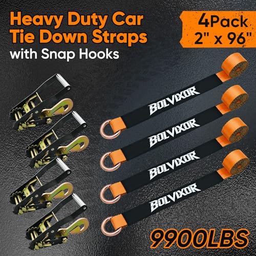 4 Pack Car Tie Down Straps for Trailers - 2" x 96" - 9900LBS Break Strength - Tire Ratchet Strap with Snap Hooks - Adjustable Wheel Straps for Hauling UTV, SUV, Truck, Any Cars - color: Orange