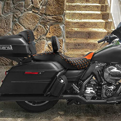 C.C. RIDER Low Profile Touring Seat - Driver Rider Passenger Seat For Harley Davidson Touring Road King Street Glide Road Glide Electra Glide CVO 2014-2023 - color: Black Orange Rider Seat + Sissy Bar