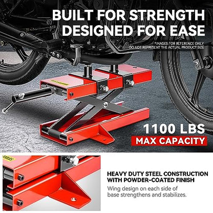 Auto Dynasty Motorcycle Lift Jack, 1100LBS Capacity Steel ATV Scissor Lift Jack Stand Hoist with Saddle and Safety Pins for Motorcycles, Bicycles, ATVs, UTVs, Dirt Bikes - size: 1100 LBS