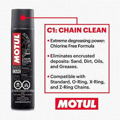 Motul Motorcycle Chain Care Bundle – C5 Chain Paste + C1 Chain Cleaner & C2 Chain Lube Kit w/Brush & Gloves Road Motorcycle Maintenance Kit
