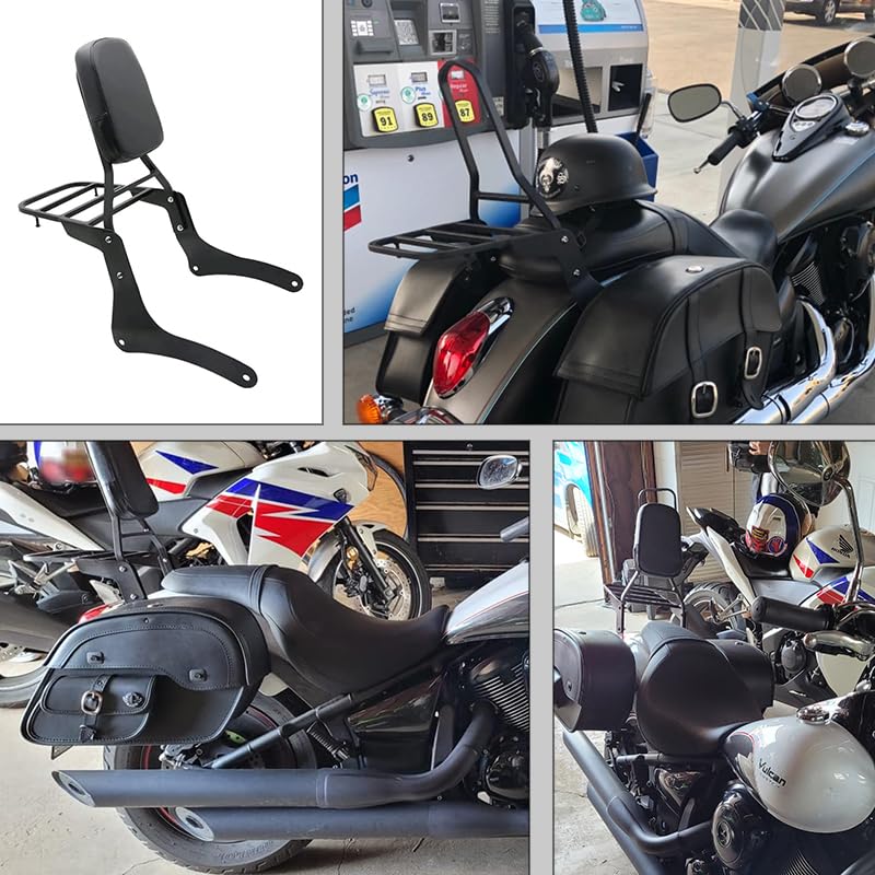 Comfortable Leather Backrest Sissy Bar + Luggage Rack Pad Compatible With Kawasaki Vulcan 900 VN900 1996-2018 (Chrome) (Black) - size: Black