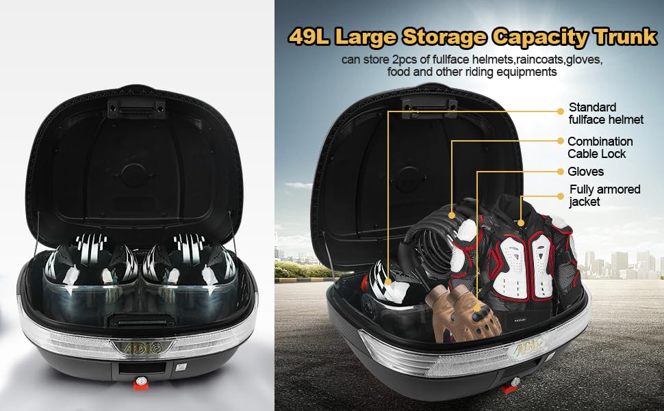 Universal Motorcycle Rear Top Box Tail Trunk Luggage Case,49 Litre Hard Case with Mounting Hardware, Black - size: 49L without LED