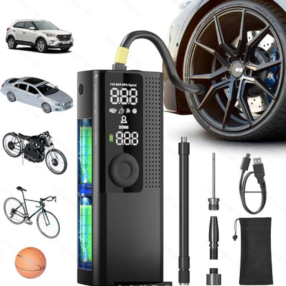 Portable Tire Inflator with Digital Pressure Gauge, Rechargeable Battery, LED Light, Wireless, for Cars, Motorcycles, Bikes and Balls