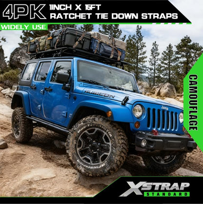 XSTRAP STANDARD 4 Pack 1" x 15' Ratchet Tie Down Straps - 630 Lbs Load Cap, 1890 Lbs Break Strength, Heavy Duty Cargo Straps for Moving, Truck & Motorcycle, Camouflage - style: 4pk 1inchx15ft 1890lbs camouflage