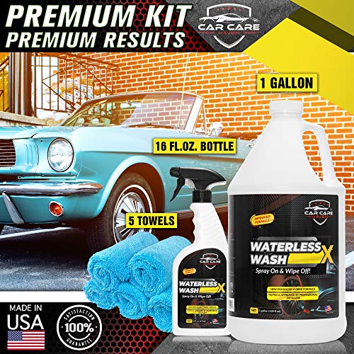 Waterless Wash X Car Detailing, Gallon + 16oz+ Towels | 5 Microfiber Towels, Quick Detailer for Any Vehicle, Wash in Garage, at Work, or Anywhere, Spray On & Wipe Off, Without Water - size: Gallon + 16oz + 5 Microfiber Towels
