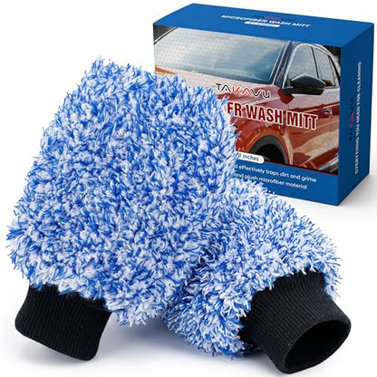 TAKAVU Car Wash Mitt Scratch Free, 2 Pack Microfiber Wash Mitts for Auto Detailing, Soft Lint Free Cleaning Gloves, Holds Sudsy Water, Machine Washable (Blue) - color: Blue & White