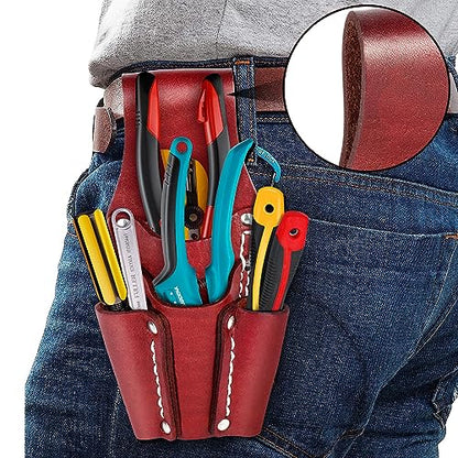 Leather Tool Pouch, Leather Electrician Tool Pouch with 4 Pockets, Heavy Duty and Durable, for Any Electrician/Welders, Carpenters, Car Repairers, Brown