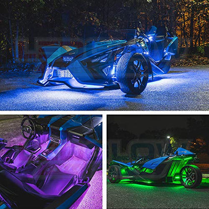 LEDGlow 20pc Bluetooth Advanced Million Color LED Neon Underlow Lighting Kit Fits Polaris Slingshot - Motorcycle Smartphone App - Automatic Brake Lights - Waterproof Control Box - Flexible Strips