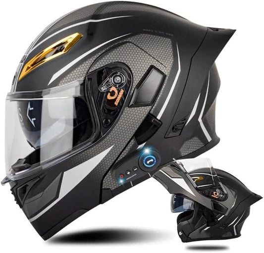 AAREG Bluetooth Modular Motorcycle Helmet with Tail DOT/ECE Approved Flip Up Front Helmets Dual Anti-Fog Visors Full Face Built-in Mp3 Integrated for Adults Men Women 55-64CM (Color : M, Size SMA - color: M, size: Small