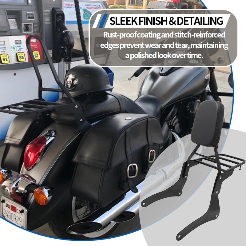 Comfortable Leather Backrest Sissy Bar + Luggage Rack Pad Compatible With Kawasaki Vulcan 900 VN900 1996-2018 (Chrome) (Black) - size: Black