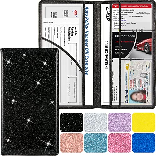 Car Registration and Insurance Holder, 2 Pack Glitter Leather Vehicle Glove Box Organizer with Magnetic Shut for Document, Cards, Driver License, Black and Silver Bundle