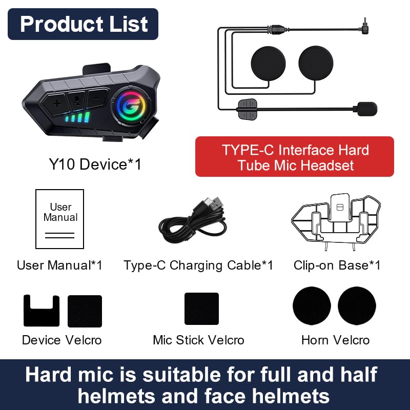 Motorcycle Helmet Bluetooth Speakers, Y10G Motorbike Headset Wireless 5.3 1000mAh with Hard Mic, Noise Cancellation, Stereo Sound, IPX6 Waterproof, Handsfree Earphones for Music Call Control