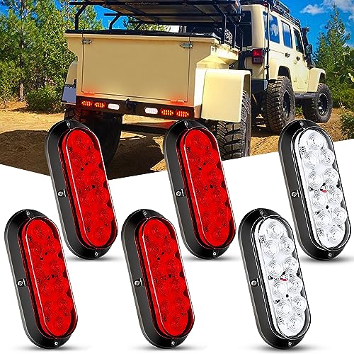 Nilight 6 Inch Oval Red White LED Trailer Tail Light 6PCS Waterproof Stop Brake Turn Reverse Back Up Surface Mount Trailers Lights for Truck RV Boat Bus Lorry Van Caravan - color: Red/White Lights Screws 6PCS