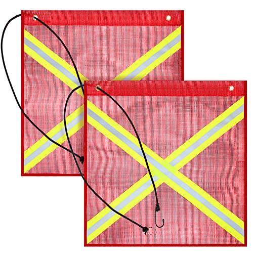 18 x 18 Inch Safety Flag 2 Pieces Mesh Weather Proof Warning Flag with Grommet and Bungee Cord and Double Sided Reflective Strip for Truck Hunting Bike Trailer Hauling(Red) - color: Red