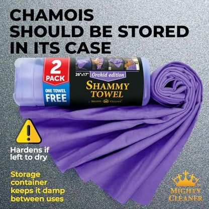 Premium 2pk +1 Free Shammy Cloth for Car Drying - 26"x17" - Super Absorbent Chamois Towel - Scratch-Free, Reusable & Soft Wash Cloth - Car Drying Towels - color: Purple, Blue, Yellow