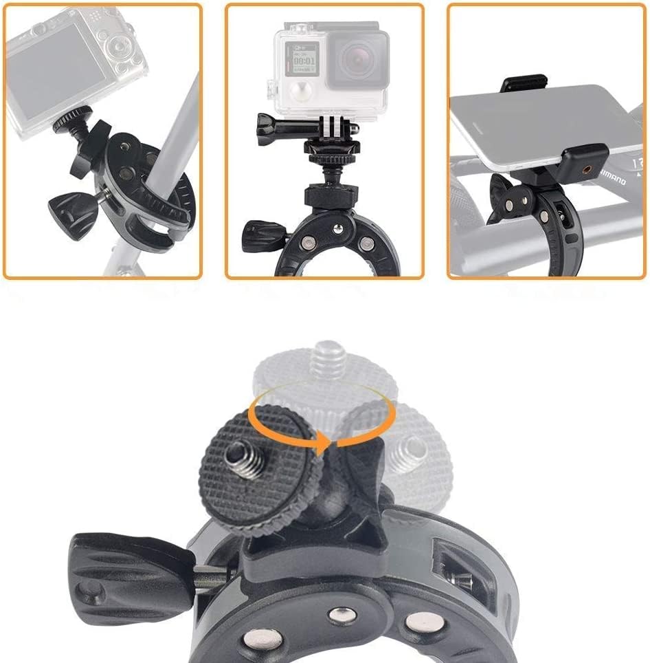 UTEBIT Camera Mount Clamp, Umbrella Clamp Motorcycle Camera Pole Mount Desk Holder Accessories, 360° Ballhead 1/4" Thread Holes with Phone Tripod Mount, Super Clamp for Gopro/DSLR/Stabilizer - color: Black