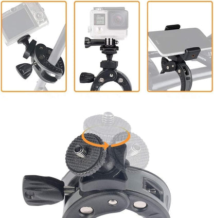 UTEBIT Camera Mount Clamp, Umbrella Clamp Motorcycle Camera Pole Mount Desk Holder Accessories, 360° Ballhead 1/4" Thread Holes with Phone Tripod Mount, Super Clamp for Gopro/DSLR/Stabilizer - color: Black