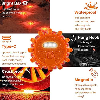 Ecoangel USB-C Rechargeable LED Road Flares Emergency Lights-Large Capacity (Lithium Battery) 3 in 1 Cable Roadside Warning Car Safety Beacon Flashing Disc Flare Kit with Magnetic Base for Vehicles - color: 12 PACK USB C High Power