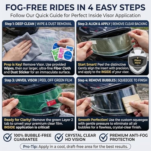 Motorcycle Helmet Anti-Fog Film, Universal Visor Insert, Clear Anti-Fog + Rainproof HD Lens Protector for Safer Riding, Easy Install (4 Pack)