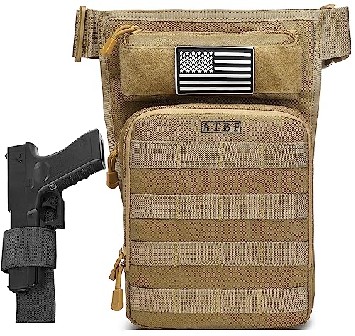 Motorcycle Tactical Drop Leg Thigh Bag with Holster Handgun Firearm Pistol Bag for Men Hunting Shooting Range Additional 3 Magazine Storage Slots - color: Tan Khaki Brown