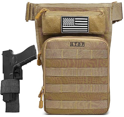 Motorcycle Tactical Drop Leg Thigh Bag with Holster Handgun Firearm Pistol Bag for Men Hunting Shooting Range Additional 3 Magazine Storage Slots - color: Tan Khaki Brown