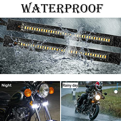 2Pcs Motorcycle LED Fork Turn Signal Blinkers Strip tail Lights Bars kit Lamps Daytime running lights Flexible Switchback Dual-Color White & Amber lights Universal Fit Motorbike (39mm-70mm)