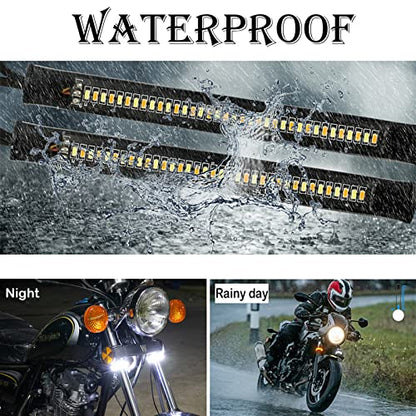 2Pcs Motorcycle LED Fork Turn Signal Blinkers Strip tail Lights Bars kit Lamps Daytime running lights Flexible Switchback Dual-Color White & Amber lights Universal Fit Motorbike (39mm-70mm)